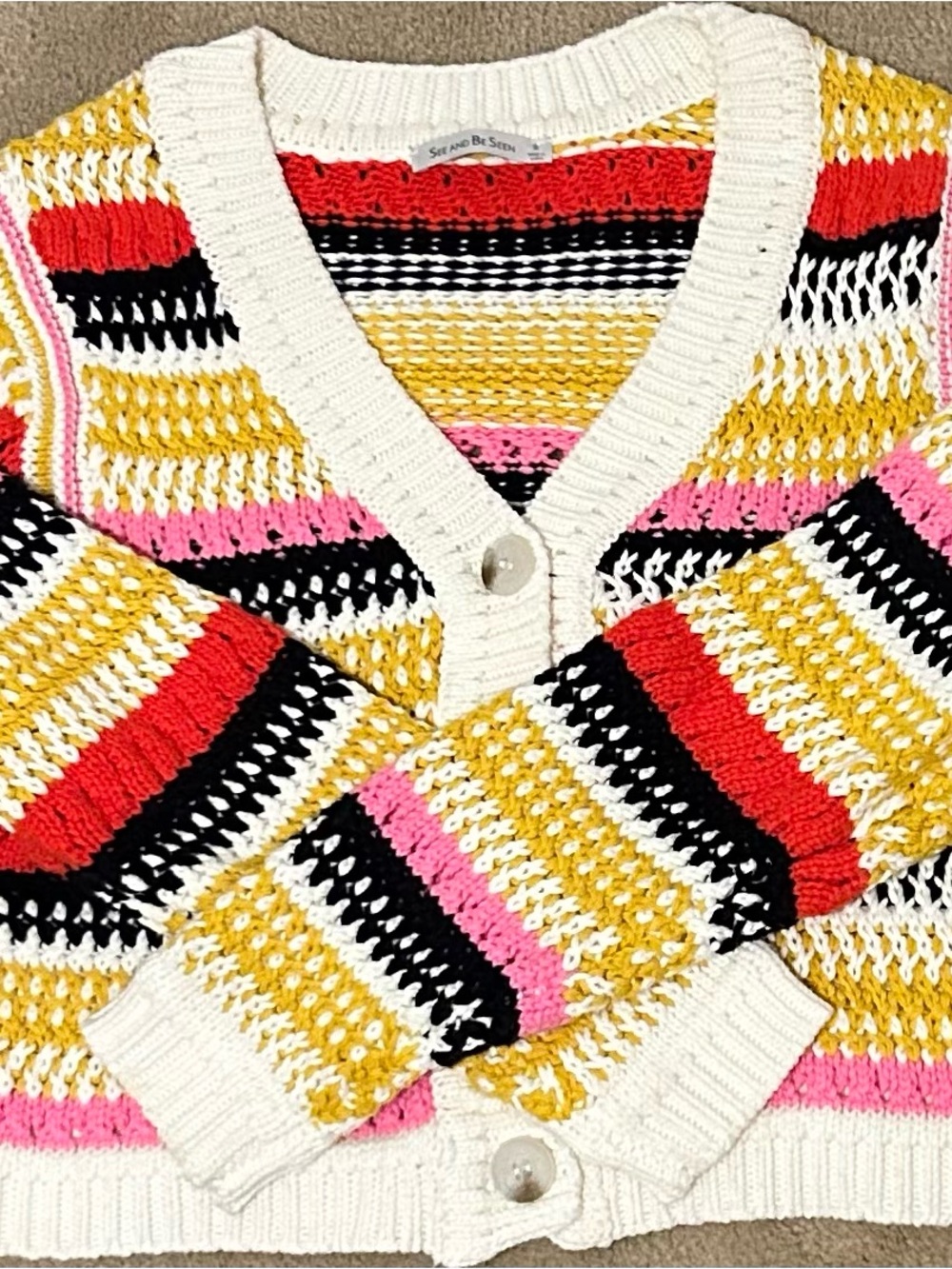 Women's Striped V-Neck Boho Crochet Cardigan - White, Yellow, Pink, Red, Navy.